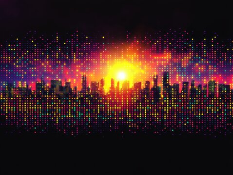 vibrant neon city skyline silhouette with a blazing sun and colorful dotted pixel halftone horizon, energetic retro-futuristic glowing urban sunset