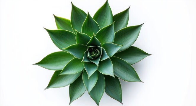 top-down view of a symmetrical green succulent rosette with layered leaves on a white background, conveying calm minimalism and serene natural beauty