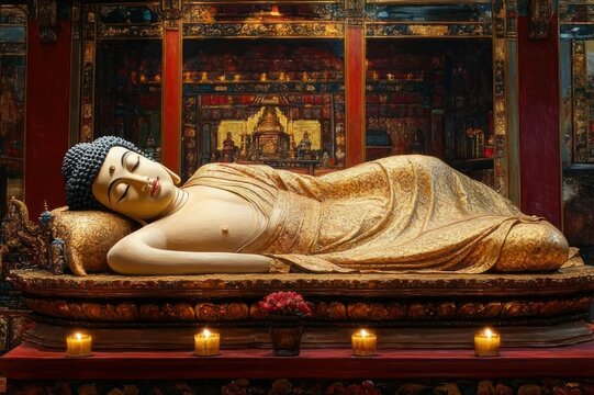 Reclining golden Buddha statue on ornate altar surrounded by candlelight and offerings in a richly decorated temple, conveying peaceful and reverent calm