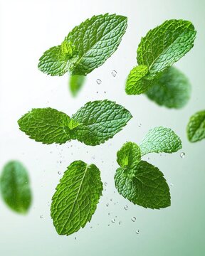 floating fresh mint leaves with water droplets conveying a cool, refreshing and invigorating sensation