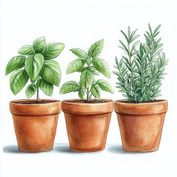 Three terracotta pots with fresh green herb plants (two basil, one rosemary) on a white background, calm and cozy botanical scene