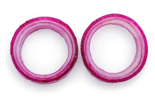 Two sliced red onion rings on white background, symmetrical minimalist composition with a fresh playful mood