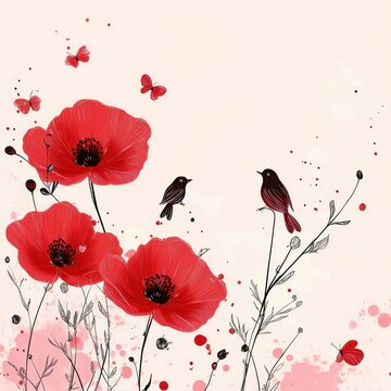 delicate red poppy blooms with two small birds and butterflies amid whimsical watercolor splashes