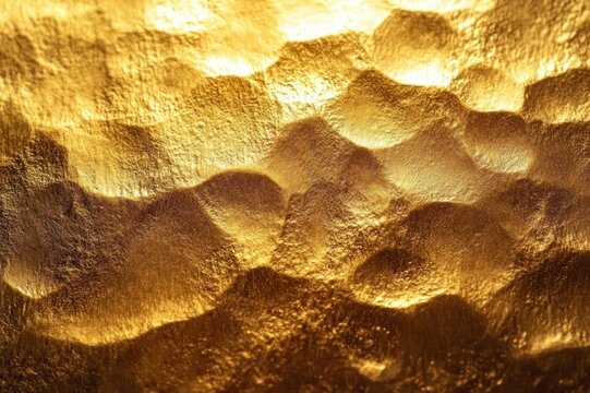 close-up of hammered gold metal surface with warm glowing highlights, luxurious tactile ripples and rich metallic sheen