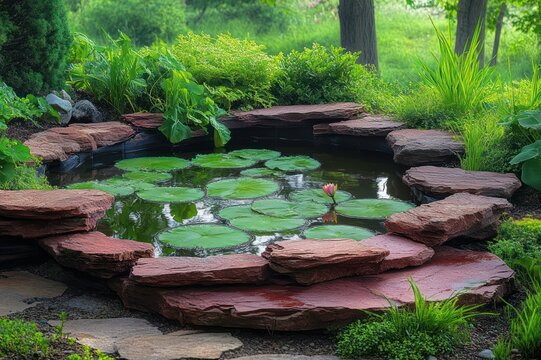 small garden pond with green lily pads and a single pink water lily, layered red stone edging and lush surrounding foliage creating a peaceful, serene scene