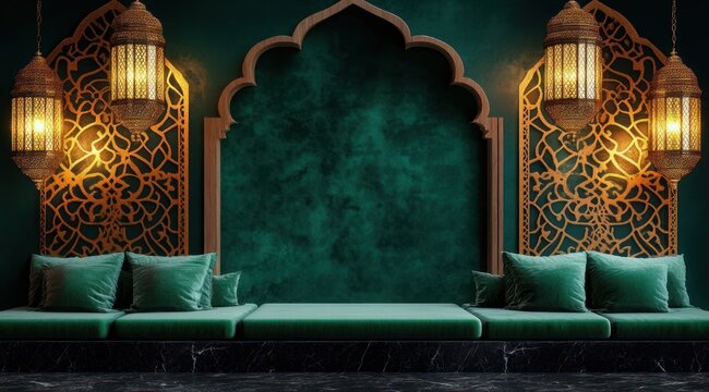 luxurious emerald lounge alcove with ornate arch, gold lattice panels, hanging lanterns and plush velvet seating, warm intimate and elegant atmosphere