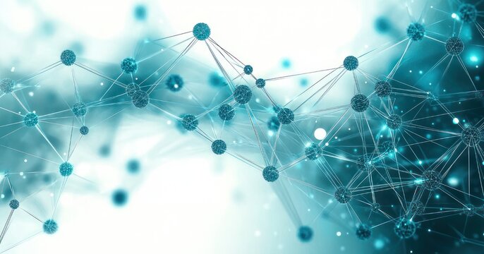 glowing teal network of connected spheres and fine lines with floating particles conveying dynamic interconnectedness and futuristic scientific discovery