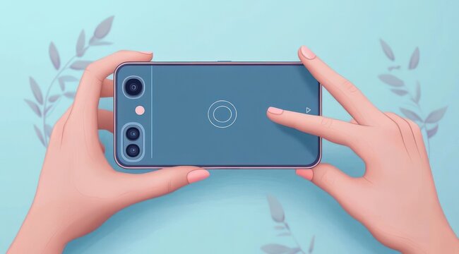 two hands holding a blue smartphone horizontally with dual rear cameras, circular target icon and flash, finger tapping center over pale blue background with leaf silhouettes, calm focused mood