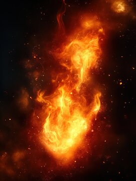blazing fireball with swirling flames, glowing embers and sparks against a dark backdrop conveying intense, dramatic heat and energy