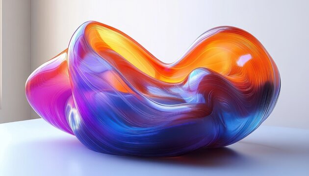 Glossy iridescent glass-like abstract sculpture with swirling orange, purple and blue ribbons on a white tabletop, evoking fluidity and calm energy