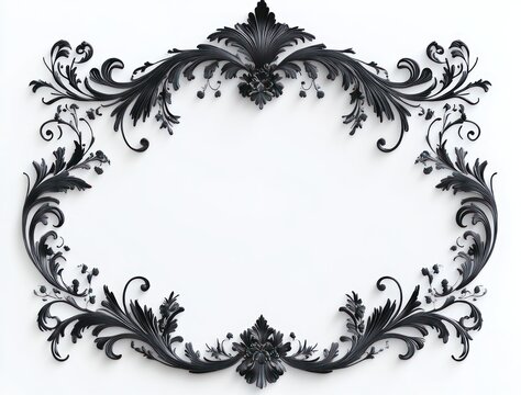 ornate black floral filigree frame with symmetrical scrollwork and curling leaves around an empty white center, elegant and dramatic