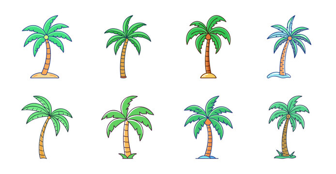 Six palm trees in a row illustration - Bright and cheerful row of six palm trees with light blue sky and fluffy clouds in a clean, minimalist style.