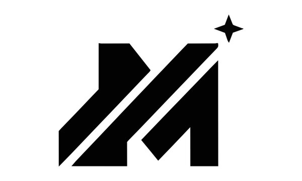 Bold black geometric silhouette of a stylized letter m with a four-pointed star icon isolated on white background minimal design concept