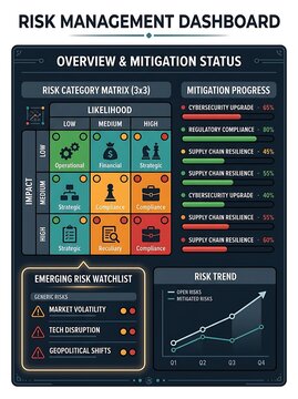 Risk management dashboard with mitigation status and trend analysis