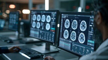 Fototapeta premium A person examines detailed brain scans displayed across multiple computer monitors in a dimly lit medical or research facility