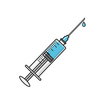 Syringe Vector Icon with Blue Liquid and Drop Isolated on White
