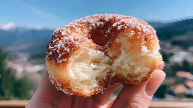Hand holding a delicious sugar-coated donut with a bite taken out, against a bright sunny mountain landscape