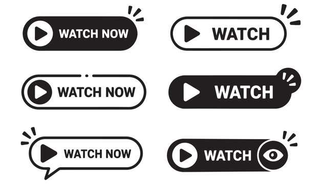 Black and white Watch Now play button icons set