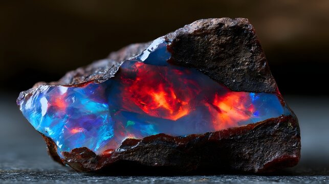 A raw boulder opal gemstone reveals vibrant internal flashes of red and blue hues against a dark earthy matrix