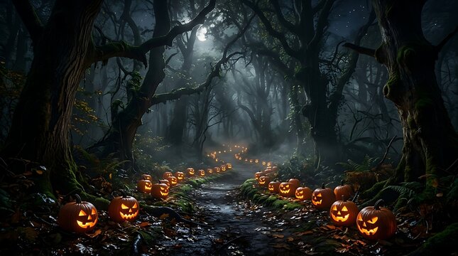 A spooky forest path illuminated by glowing jack-o'-lanterns on a misty Halloween night.