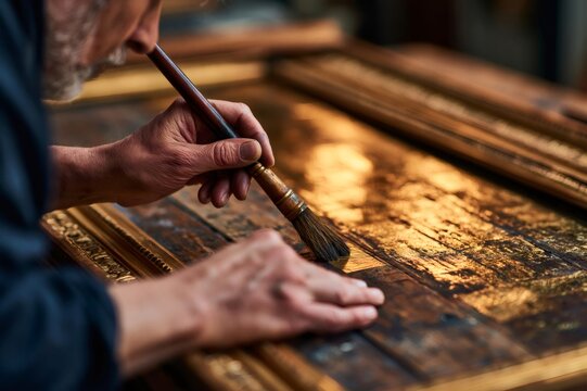 Artisan restoring antique wooden frame with brush