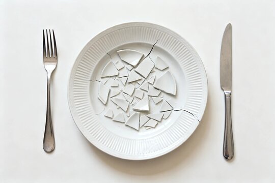 Broken white plate with fork and knife on white background