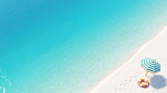 Aerial view of tropical beach with parasol and swim ring