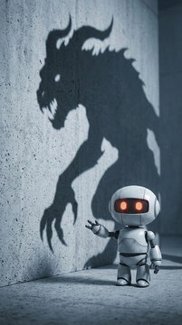 Small robot stands before a wall, casting a monstrous shadow, symbolizing contrast between innocence and perceived threat, or the potential within technology.
