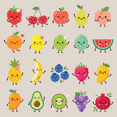 Fototapeta premium Cute fruit characters set, happy cartoon fruits, healthy food icons, flat vector illustration