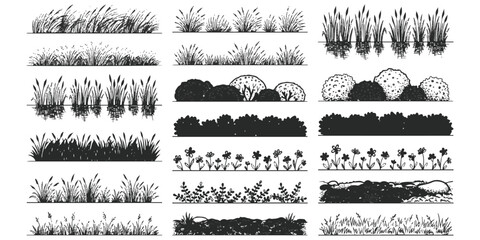 Set of hand drawn grass bushes and field plants for landscape design and nature sketching © md