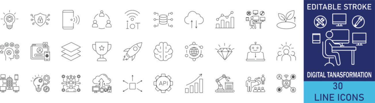 Digital transformation technology innovation and business modernization line icon set. Vector symbols for cloud computing migration, corporate process automation, big data analytics, and smart tech in