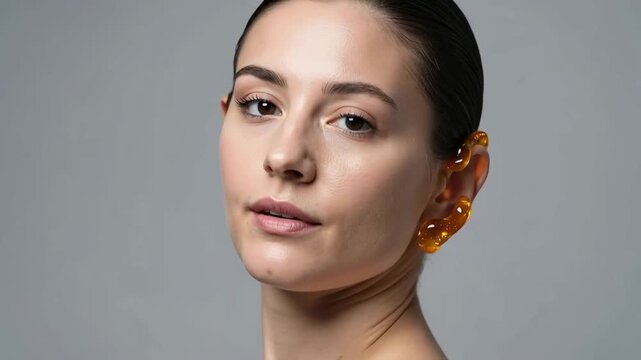 Tracking shot of woman turning head to reveal amber ear accessory in studio portrait with neutral gray background and soft lighting