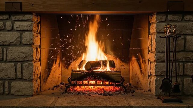 A warm and cozy fireplace with burning logs in a stone hearth