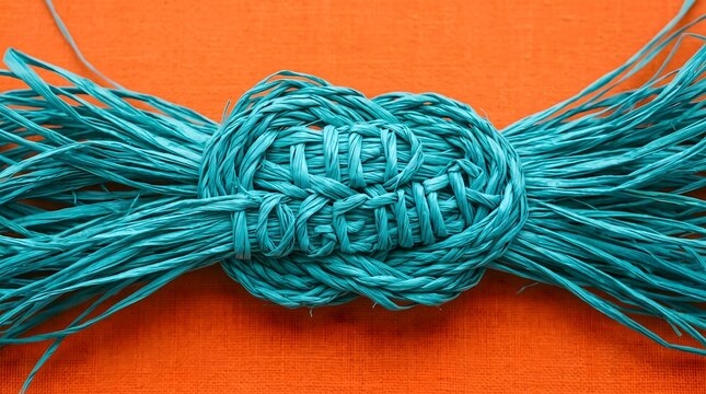 Teal raffia rope knotted to spell the words Get Together on an orange textured background symbolizing unity and connection