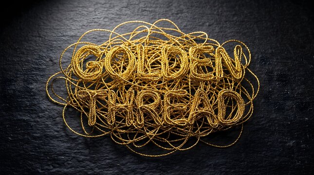 Metallic golden thread text crafted from tangled gold wire yarn on a black textured slate stone surface representing continuity and narrative