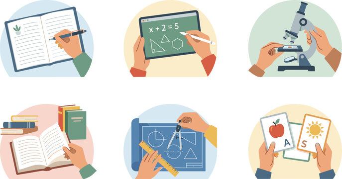  Digital education and STEM learning vector icon set with flat corporate home schooling symbols