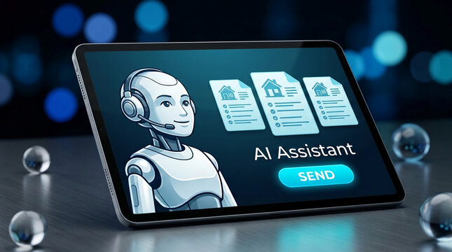 Digital tablet displays a friendly robot assistant and document icons, symbolizing AI-powered service and efficiency, perfect for technology concepts.