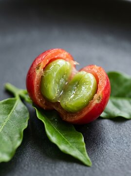 Ripe red coffee cherry split open revealing raw green beans