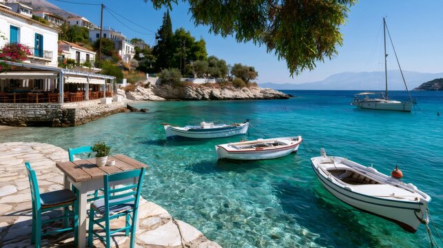 Kioni village bay with turquoise ionian sea and traditional boats