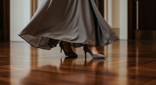 Elegant woman dancing in a flowing grey dress on a polished wooden floor.