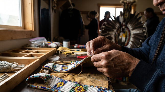 Indigenous craft artisan hand beadwork leather workshop pow wow regalia detail with colorful bead pattern thread needle tool and cultural textile art