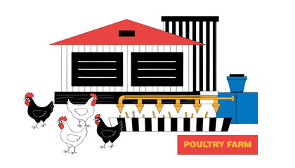 Very beautiful realistic vector illustration of a poultry farm featuring chickens, modern poultry house, feeding area, and a bold label reading "POULTRY FARM", isolated on white background. © williamnoah