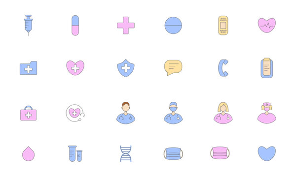 Set of flat colorful medical icons, for hospital, clinic, pharmacy, laboratory. Isolated on white, vector illustration.