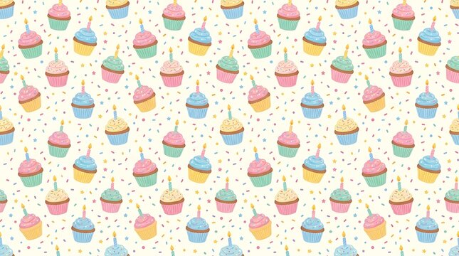 Seamless birthday cupcake pattern with lit candles and sprinkles