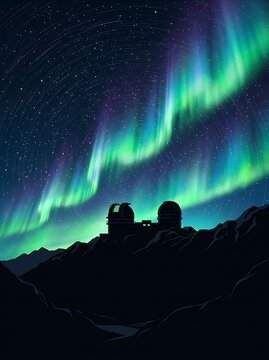 Observatory silhouette under a vibrant aurora and star trails