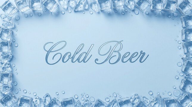 Cold beer text surrounded by ice cube frame on light blue background. Refreshing drink concept with frozen water crystal. Summer beverage advertisement layout with copy space.