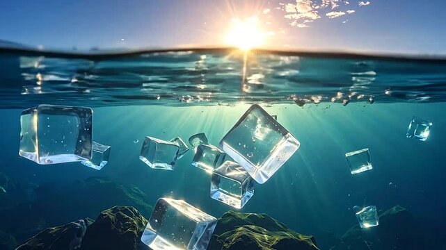 Clear ice cubes floating in a deep blue lake under a bright sun