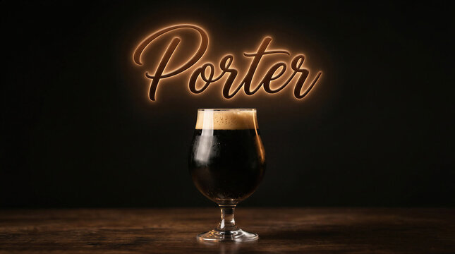 Glass of dark porter beer with foam on wooden table. Glowing neon text sign above drink. Craft alcoholic beverage advertisement, pub atmosphere, brewery menu and bar drink concept.