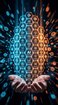 Glowing hexagon interface with AI concept icons held in hands, symbolizing digital intelligence and futuristic technology, representing innovation and data.