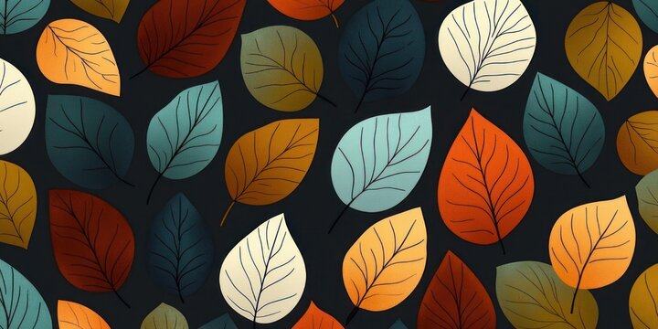 stylized colorful autumn leaves scattered on dark background, warm cozy playful pattern with teal, orange, cream and brown leaf shapes
